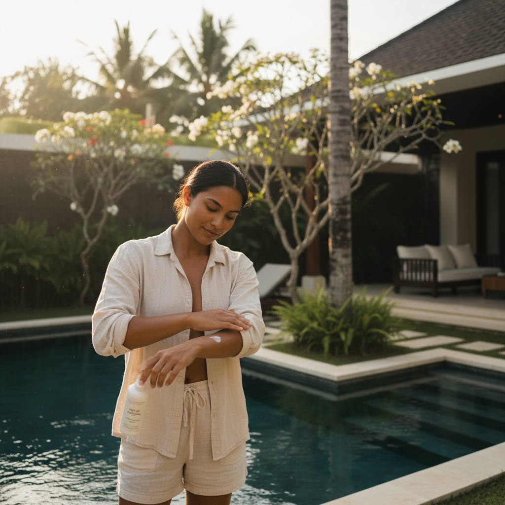 Tourist applying insect repellent before an evening in Bali