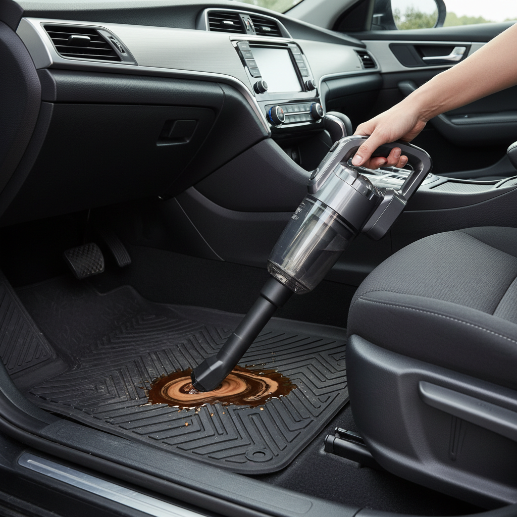 Wet dry car vacuum cleaning spilled coffee on car floor mat