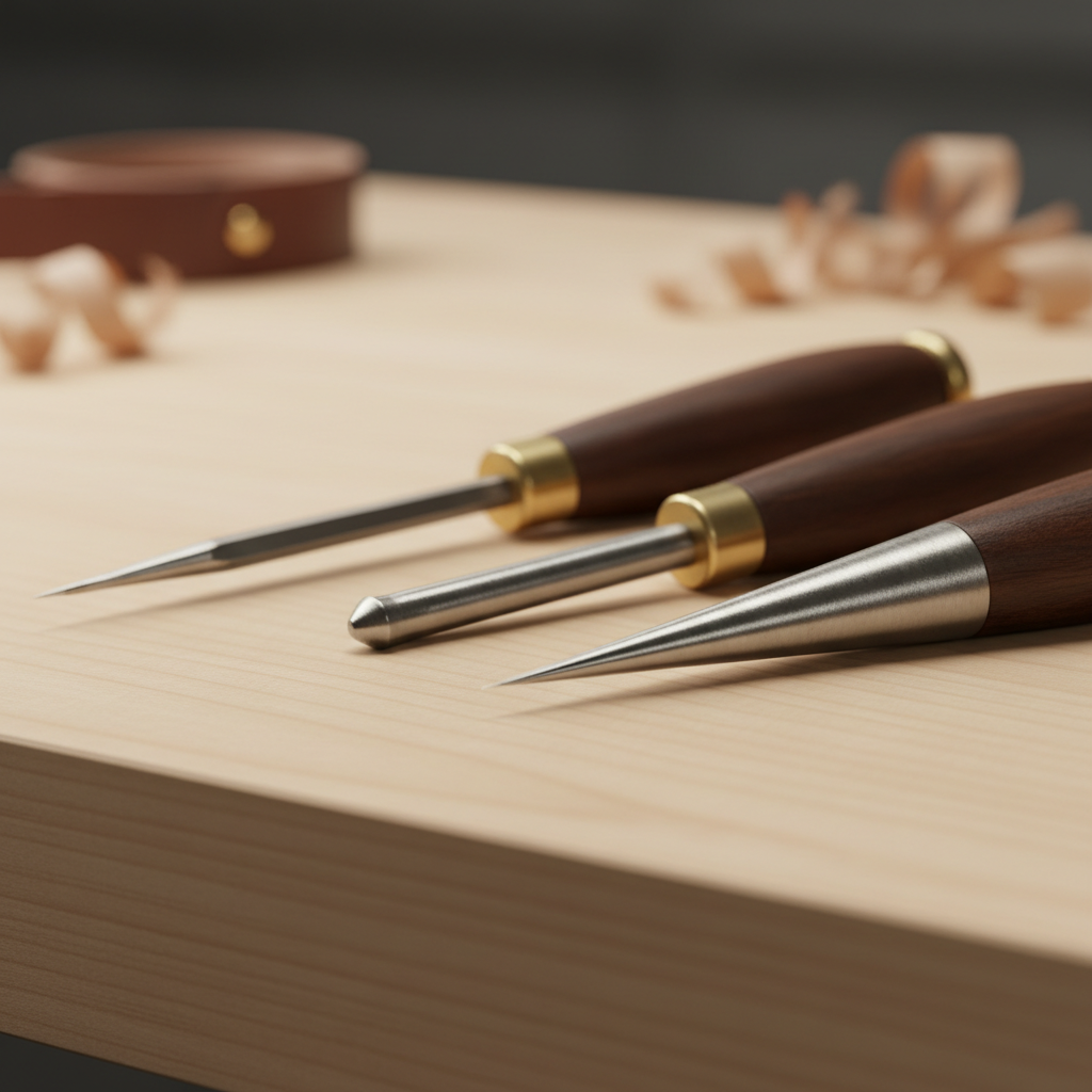 Close-up of different scratch awl tip shapes and sharpened points on a workbench