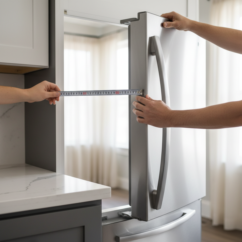 Kitchen tape measure checking refrigerator depth and door clearance