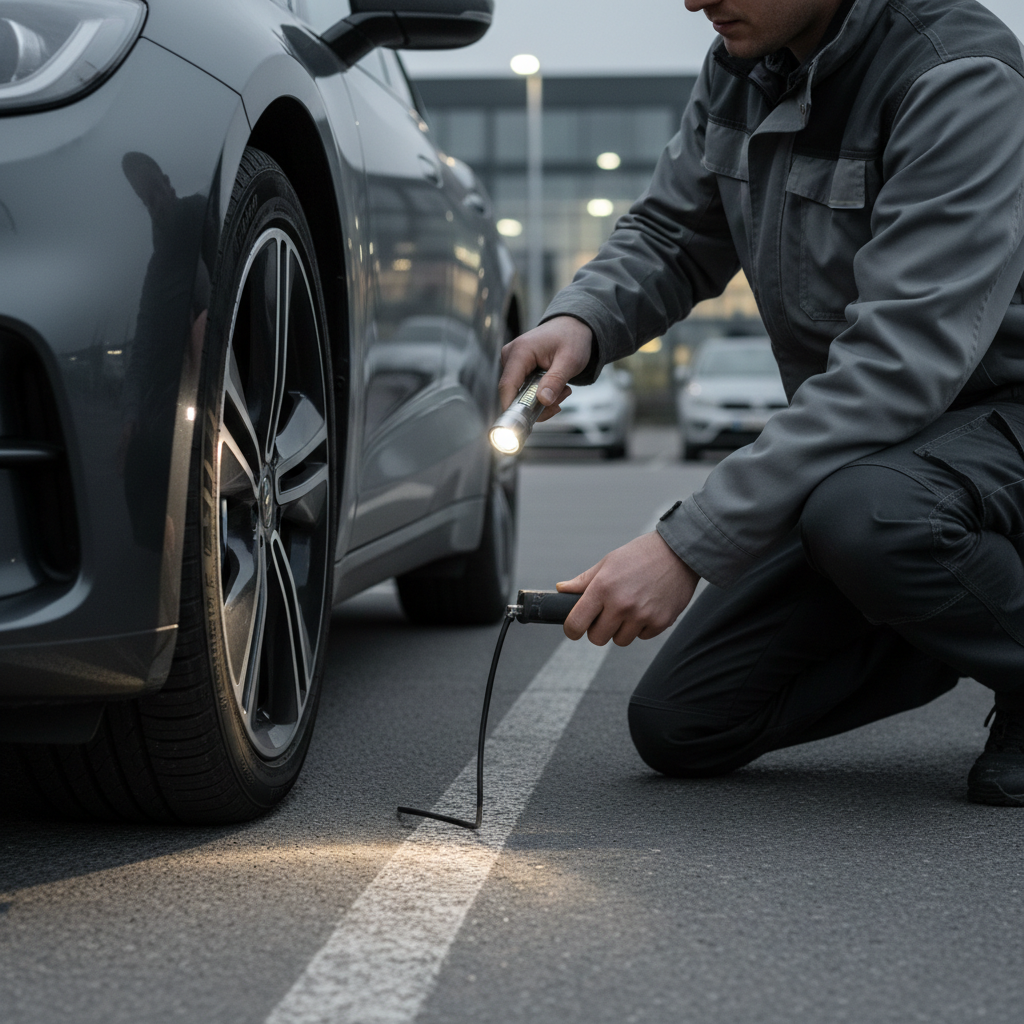 Car tire tread puncture being inspected before using a plug kit