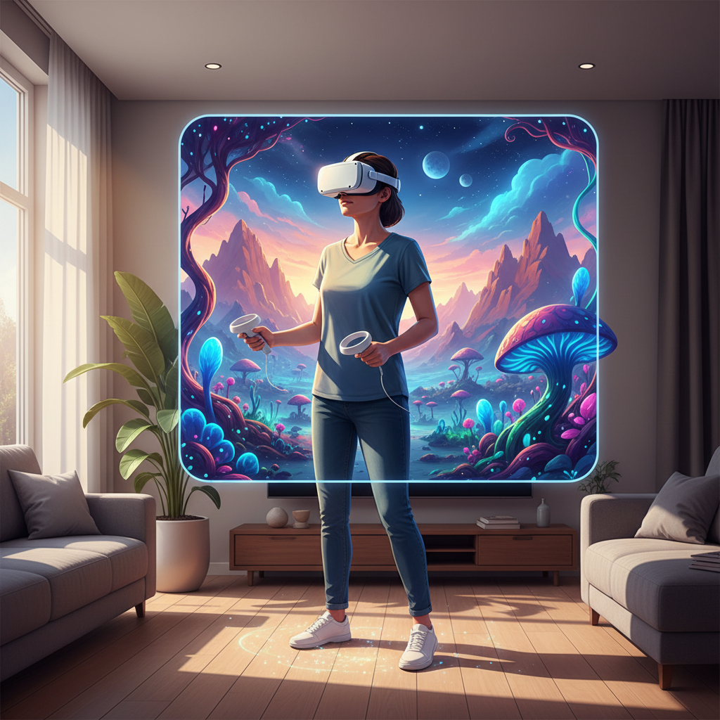 VR player exploring a vibrant alien landscape in a sci-fi exploration game