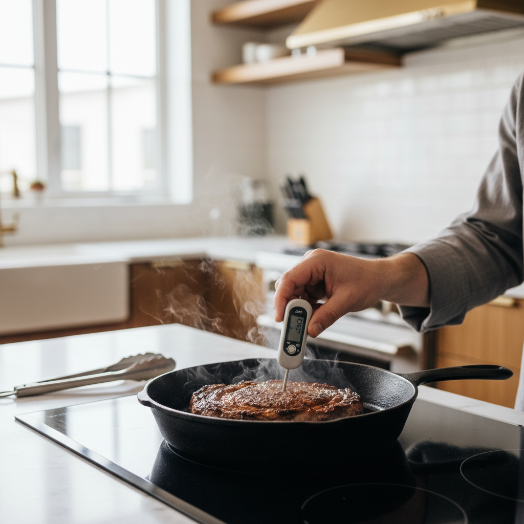 Cast iron pan searing steak with thermometer check for medium rare