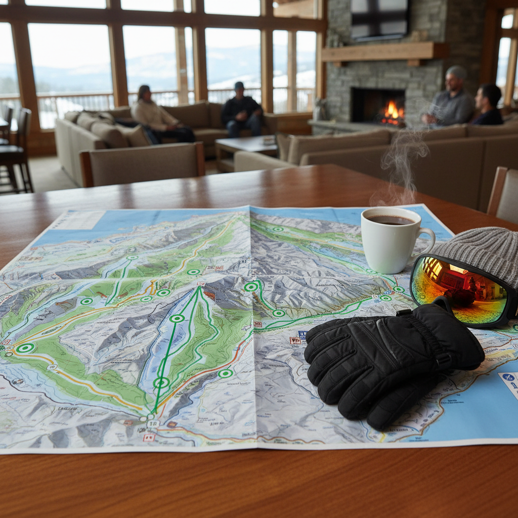 Ski trail map planning for beginner skiers with green runs highlighted