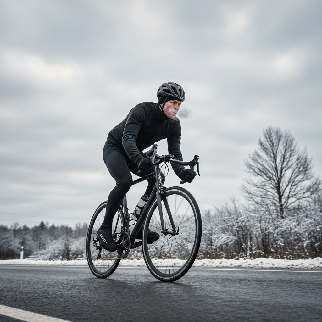 Winter road cyclist wearing insulated cycling shoe covers on a cold ride