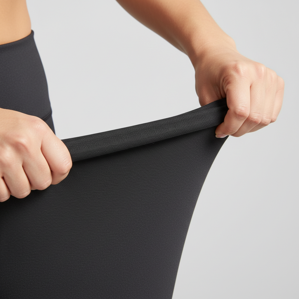 Close-up of squat-proof leggings fabric stretch test with hands pulling material under bright light