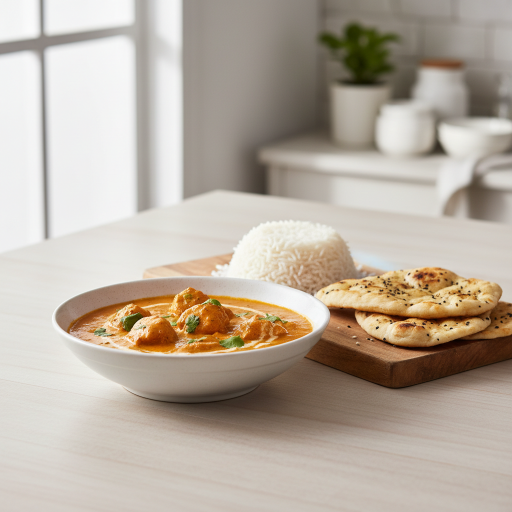 Easy mild butter chicken served with basmati rice and naan