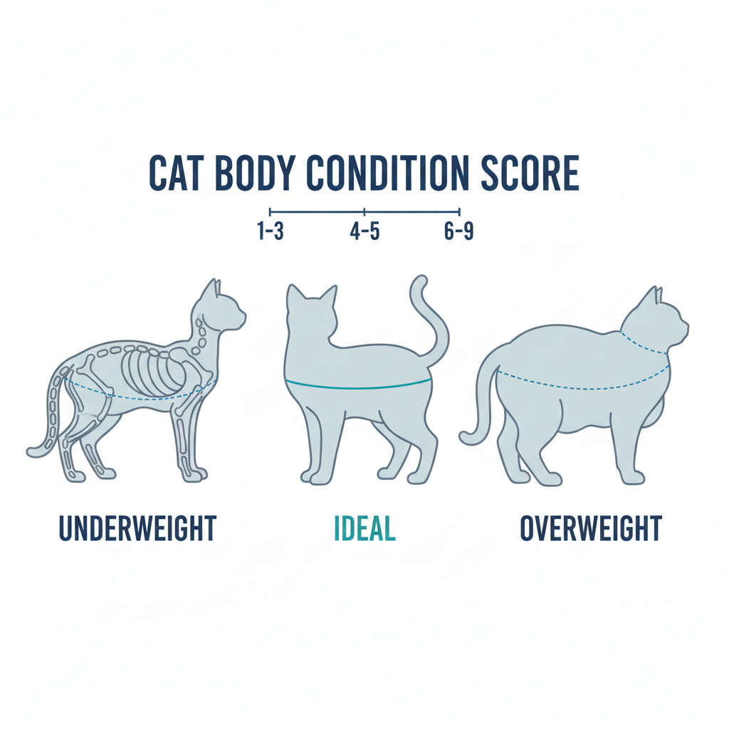 Body condition scoring guide for cats showing ribs waist and abdominal tuck