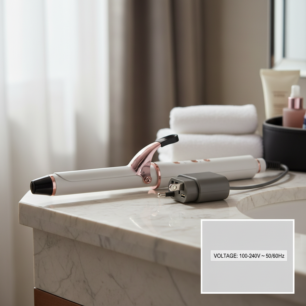 Dual voltage travel curling iron with adapter and voltage label close-up