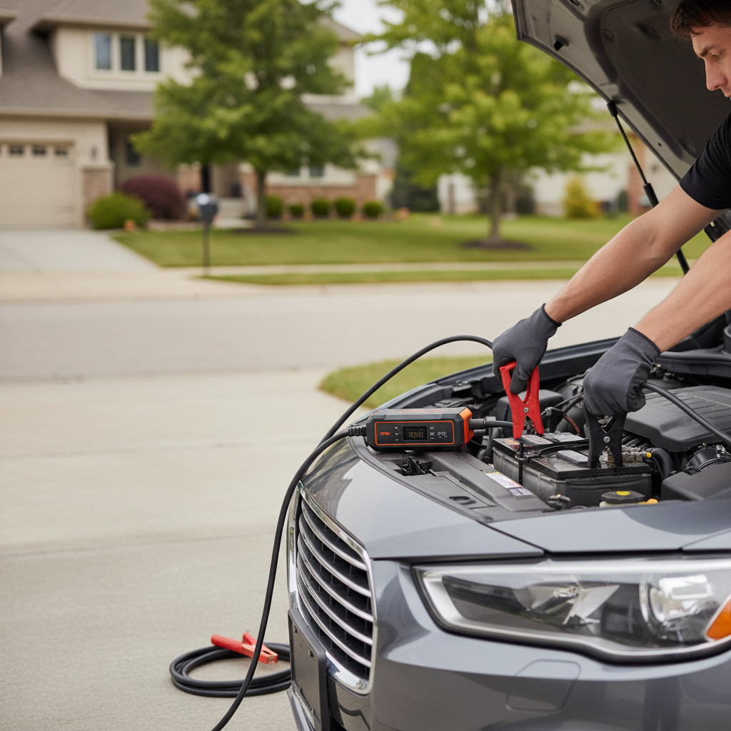 Portable car jump starter being used to jump start a vehicle battery safely