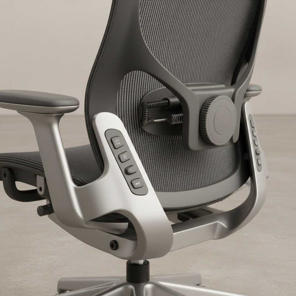 Close-up of adjustable lumbar support and armrest controls on an ergonomic VR chair