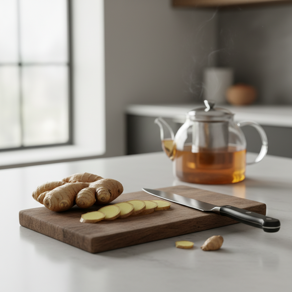 Fresh ginger root and sliced ginger prepared for homemade ginger tea