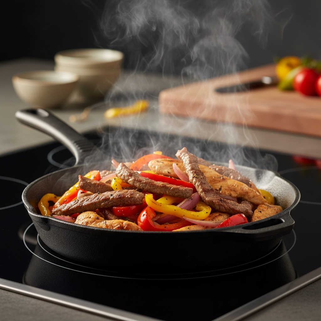Sizzling beef and chicken fajitas in a cast iron skillet with peppers and onions