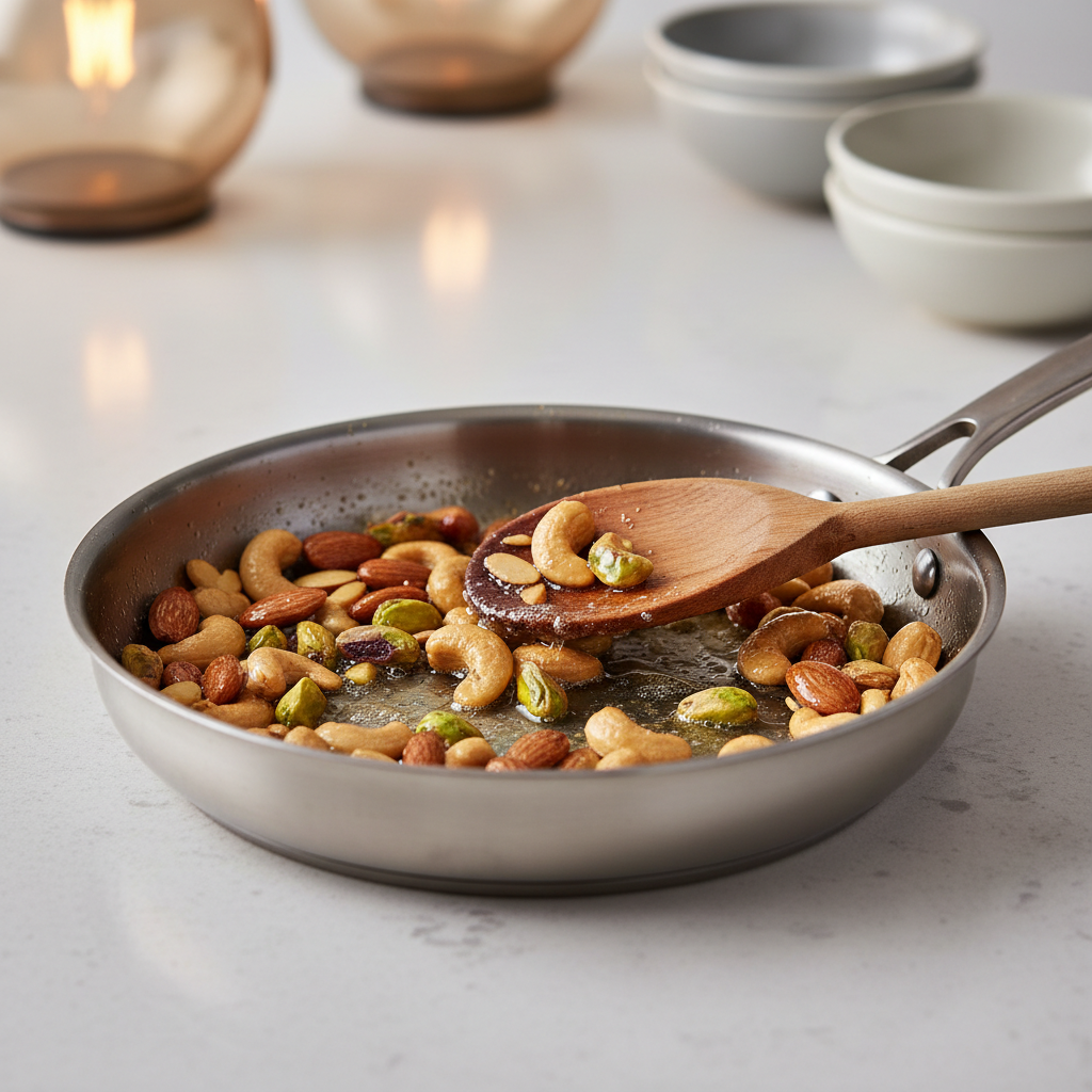 Toasting mixed nuts in ghee for mewa kheer