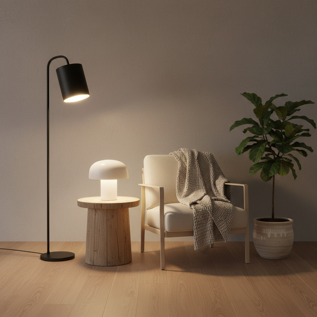 Minimalist living room corner with layered lighting and warm wood accents