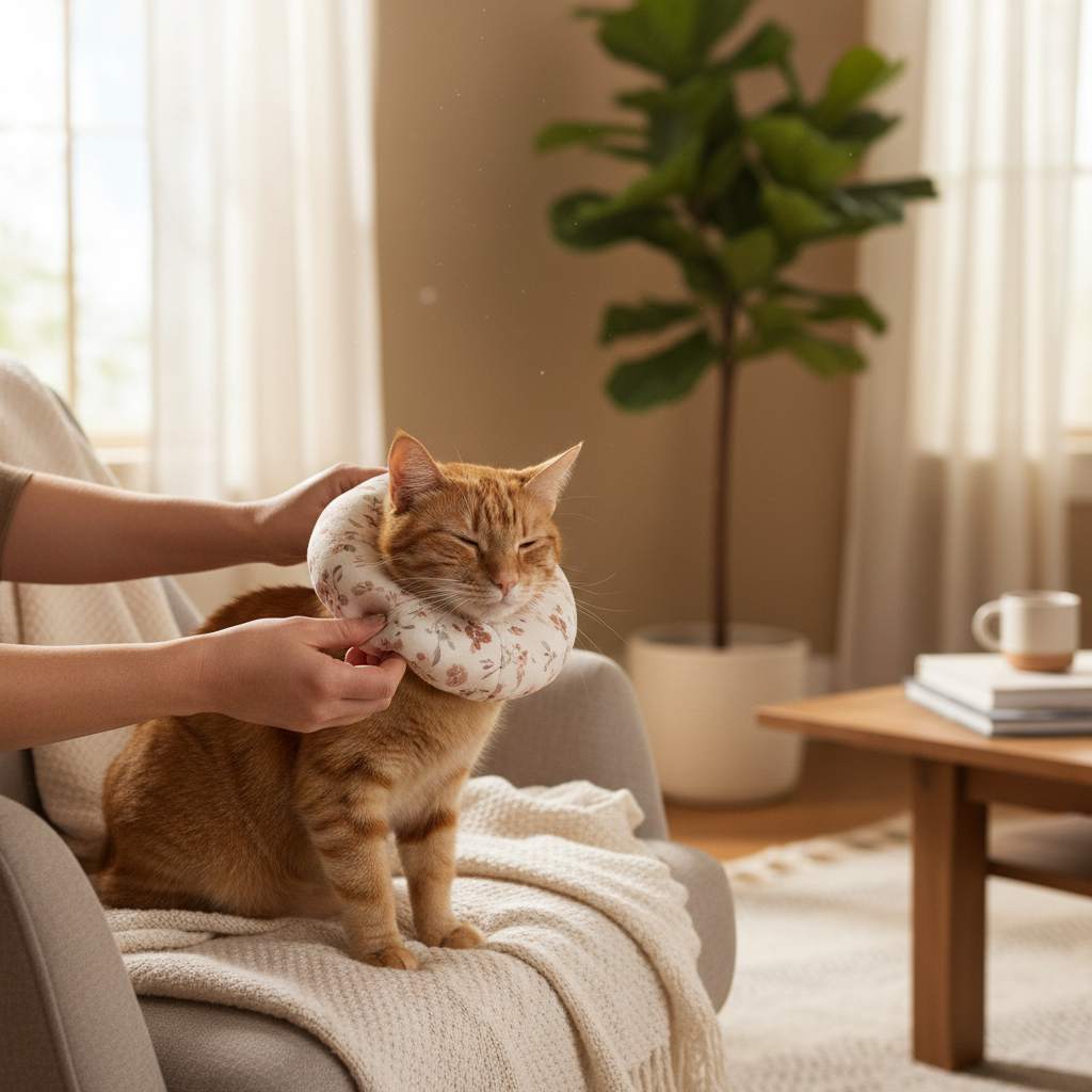 Pet owner placing a soft recovery collar on a cat to prevent licking