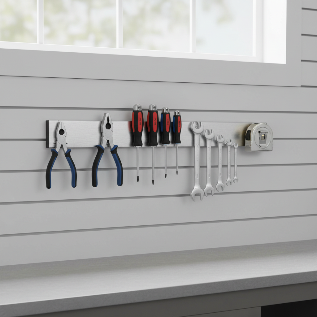 Wall-mounted magnetic tool holder organizing hand tools in a garage workshop