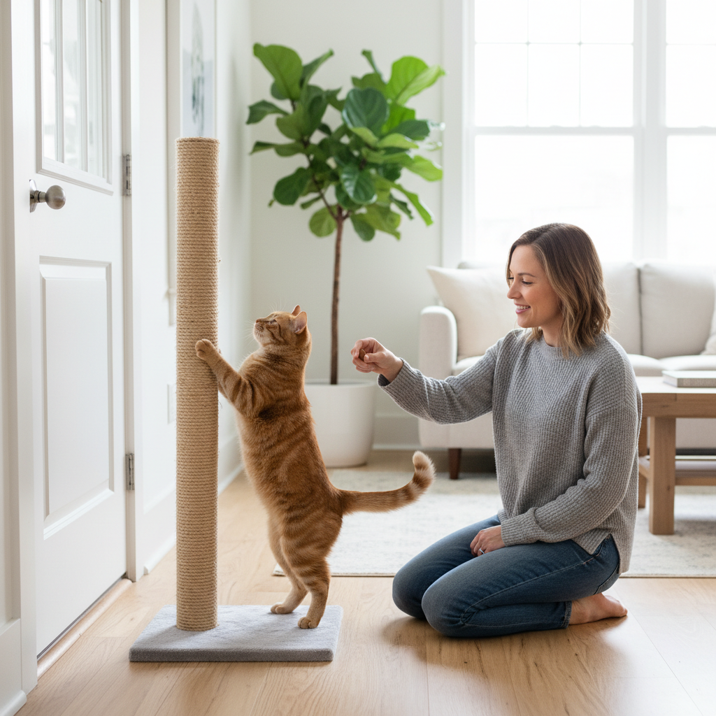 Cat using a scratching post placed next to a door while owner rewards with a treat