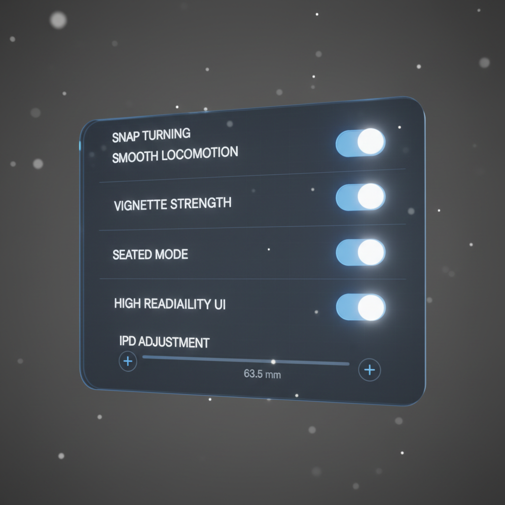 VR comfort settings menu with snap turning and vignette options
