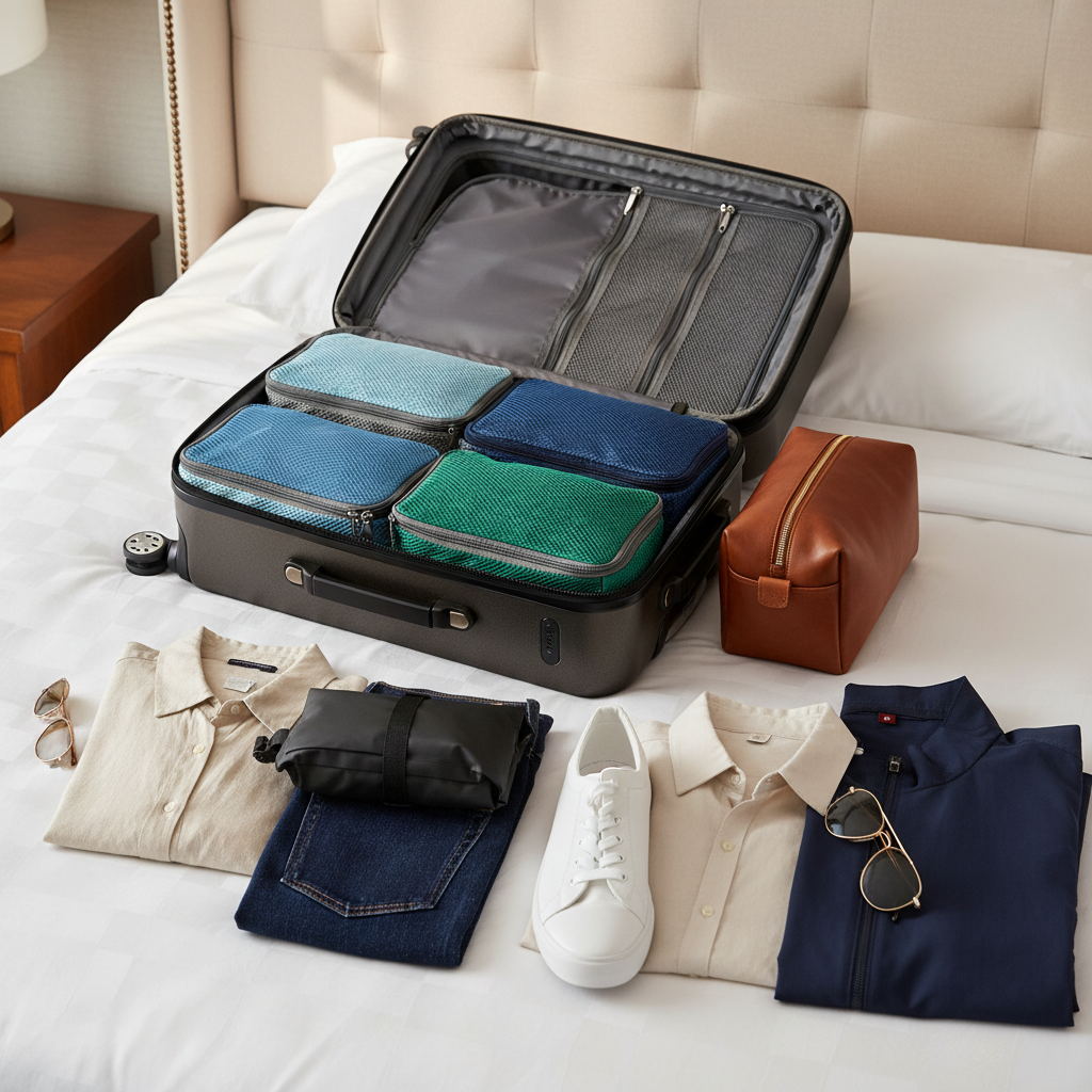 Carry-on suitcase interior with packing cubes and compression panel