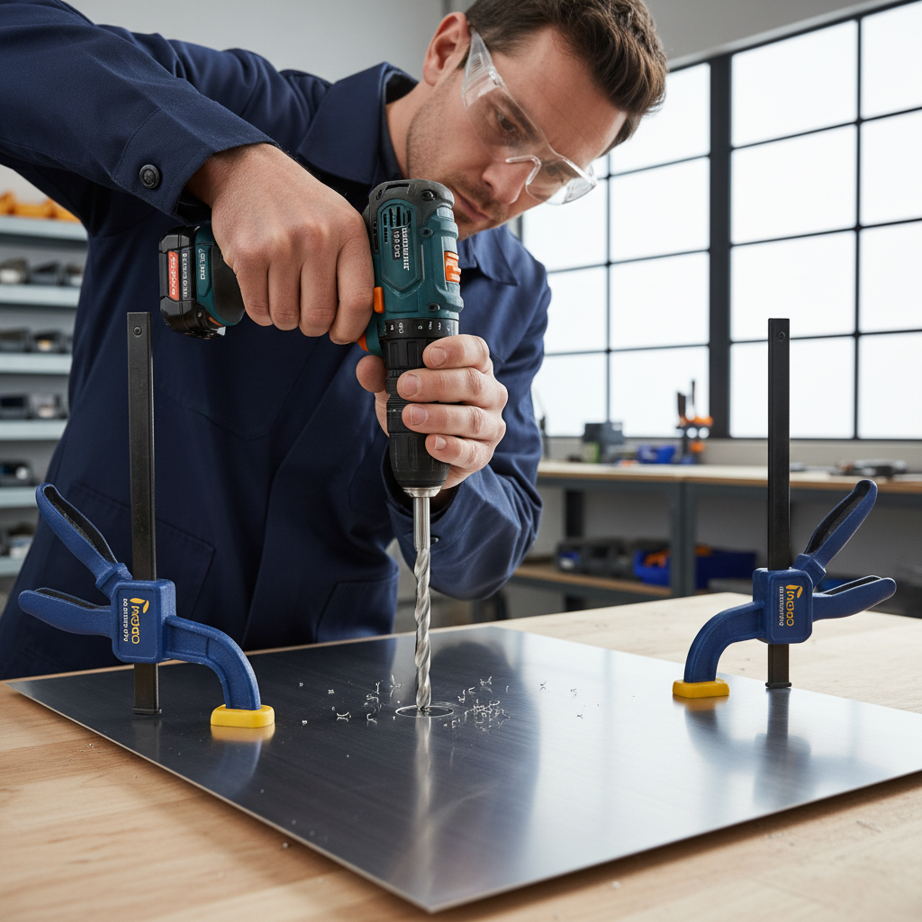 Drilling a clean rivet hole in sheet metal with clamp and safety glasses