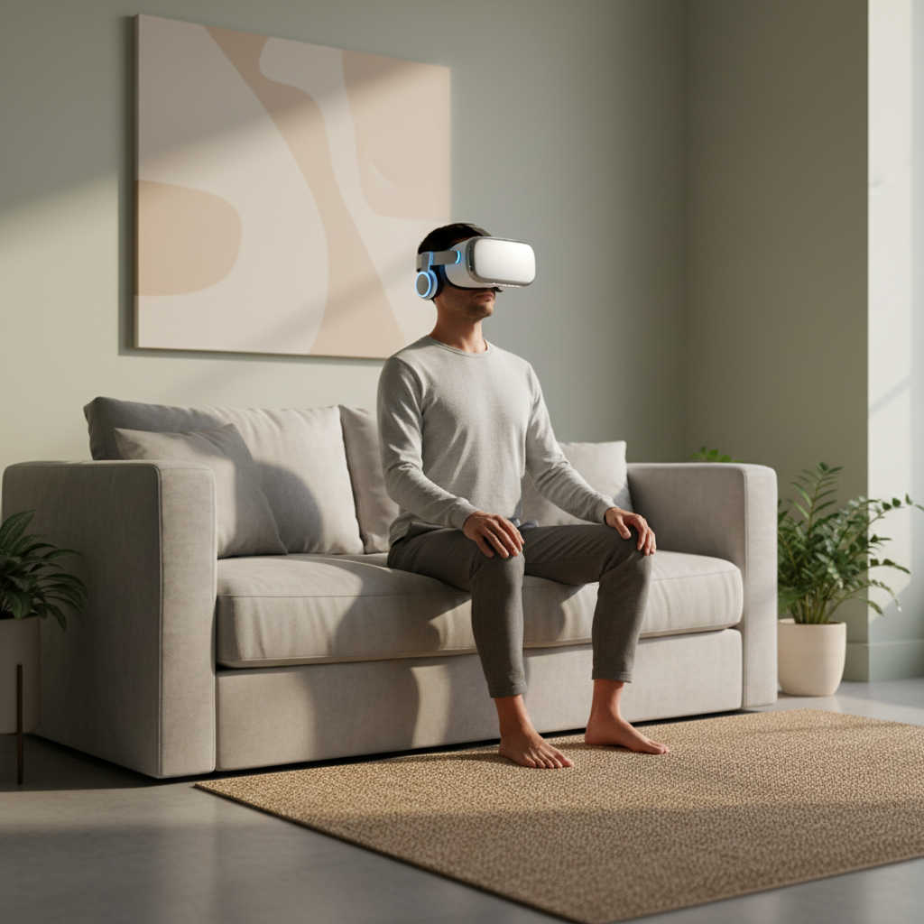 Person using a VR headset for a calm meditation session at home