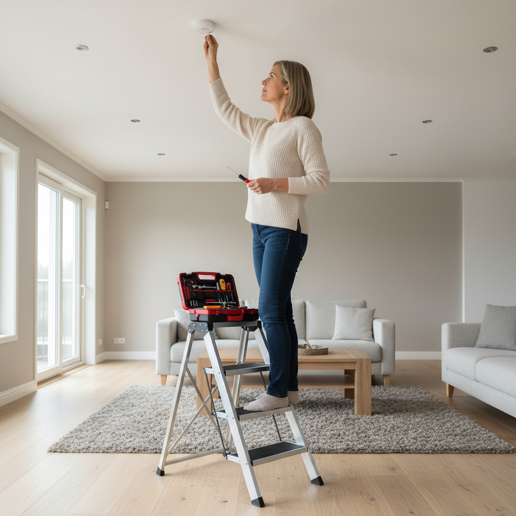 New homeowner checking smoke detector with step stool and basic tools