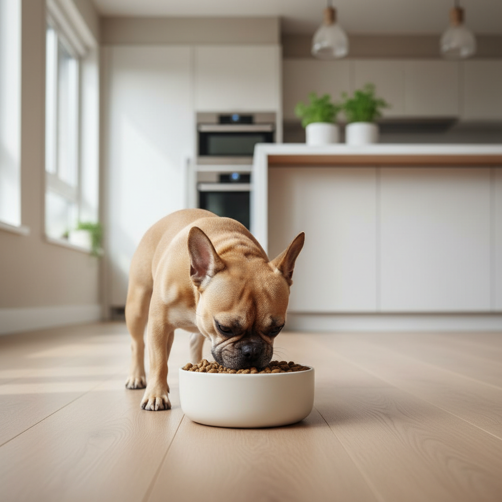 French Bulldog eating kibble from a bowl at home