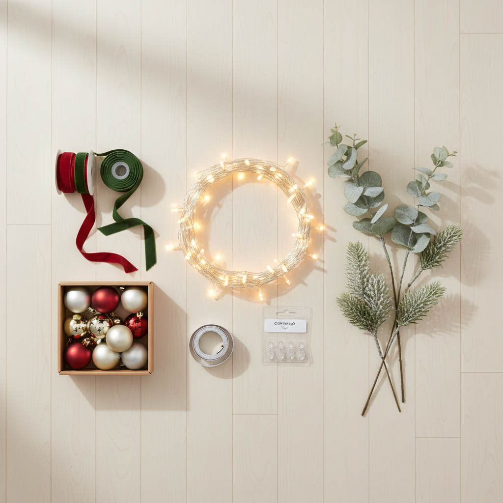 Reusable holiday decor items like lights, ribbon, ornaments and greenery laid out for planning