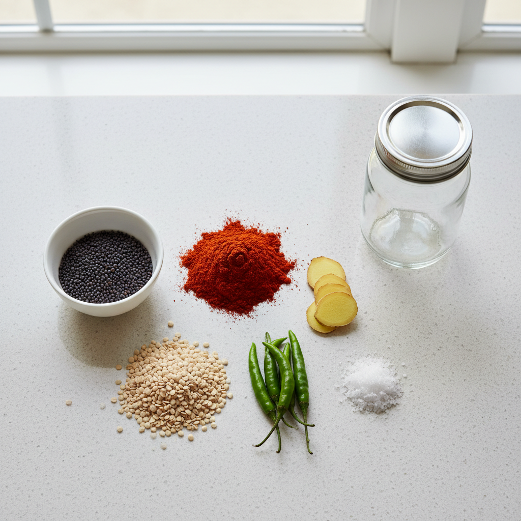 Ingredients for Rajasthani kanji vada including mustard seeds, red chili powder, urad dal, and spices on a kitchen counter