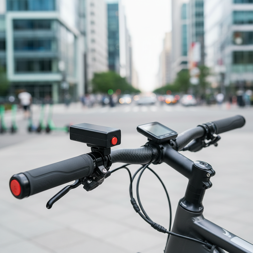 Electric bike horn mounted near handlebars with tidy cable routing