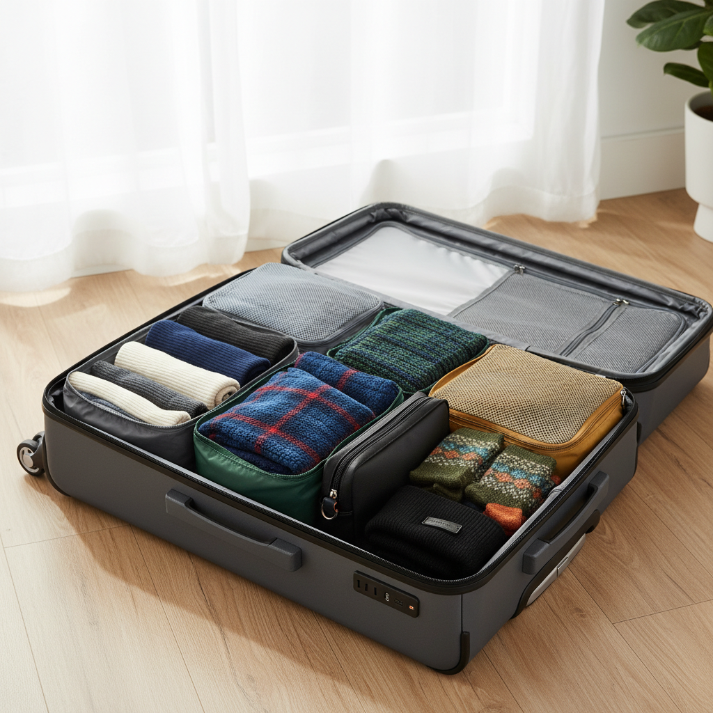 Packing cubes organizing winter clothing inside a carry-on suitcase