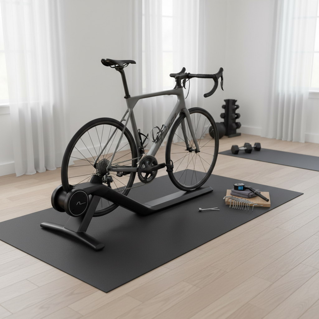 Indoor bike trainer setup with bike mounted and tools on a mat