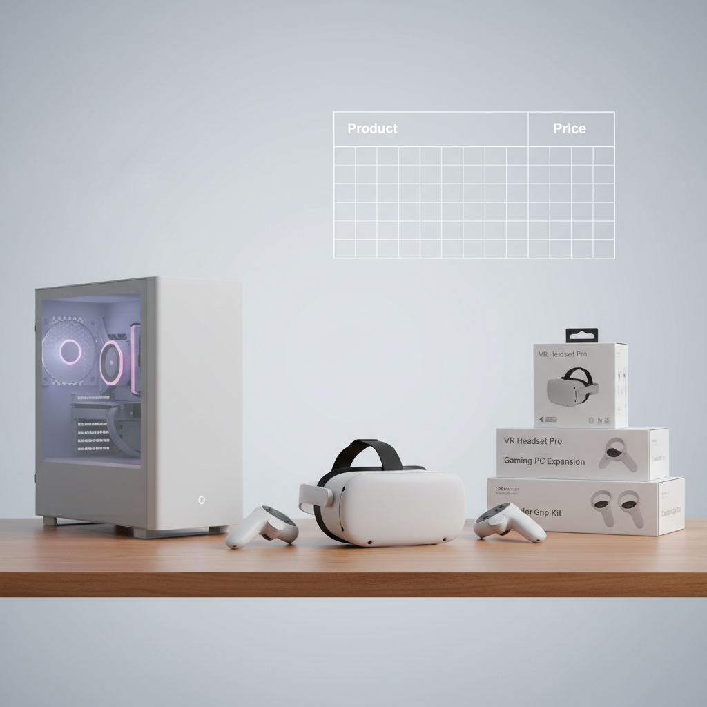 VR gaming cost comparison table concept with headset, accessories, and PC