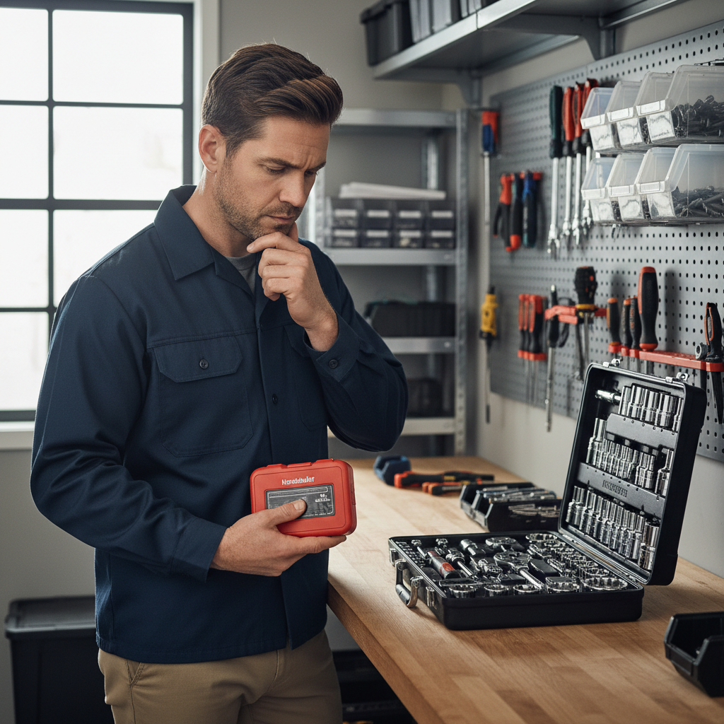 Homeowner choosing between a compact tool kit and a larger socket set