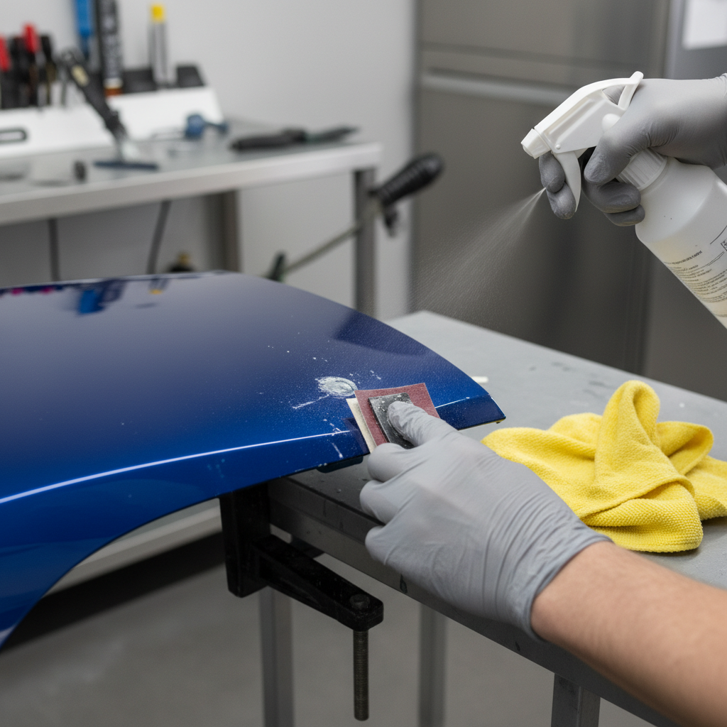 Wet sanding and polishing a touch up paint repair area on a car panel