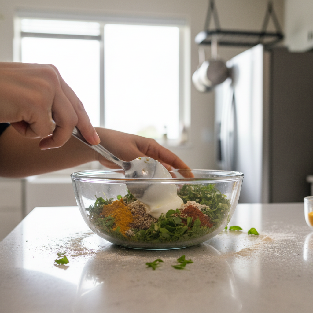 Mixing methi thepla dough with spices and yogurt in a bowl