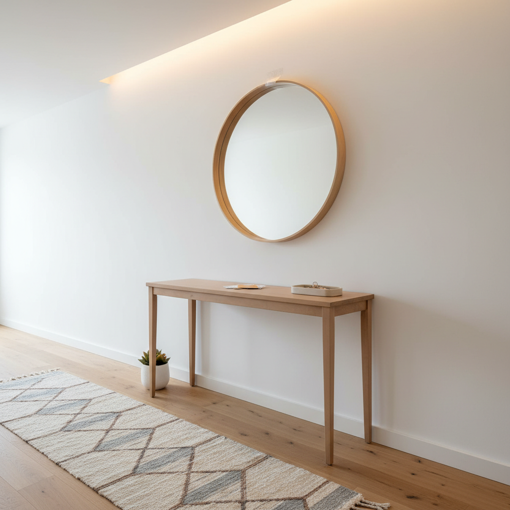 Minimalist rental entryway with slim console, tray for keys, and simple mirror