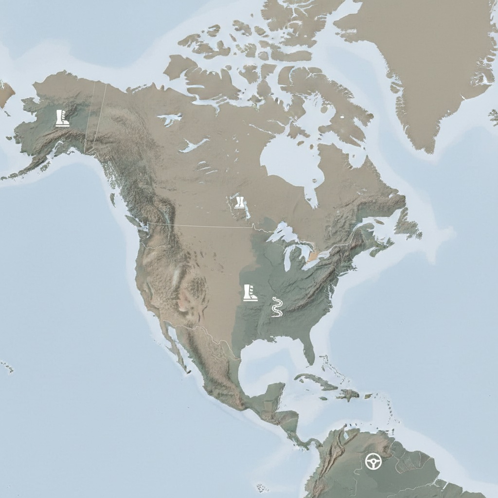 Map-style collage of mountain travel destinations in North America for 2026 planning
