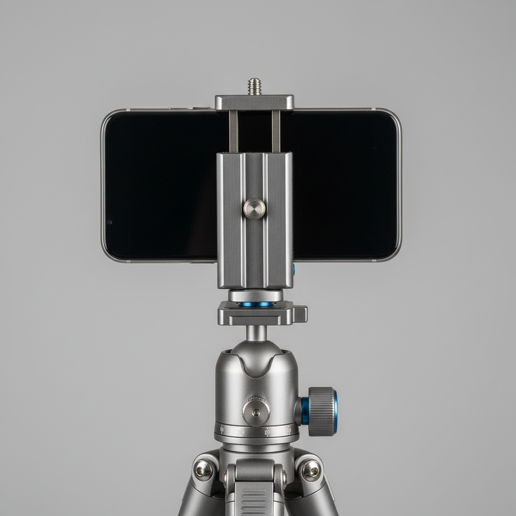 Close-up of a phone tripod mount and ball head showing clamp and quick release
