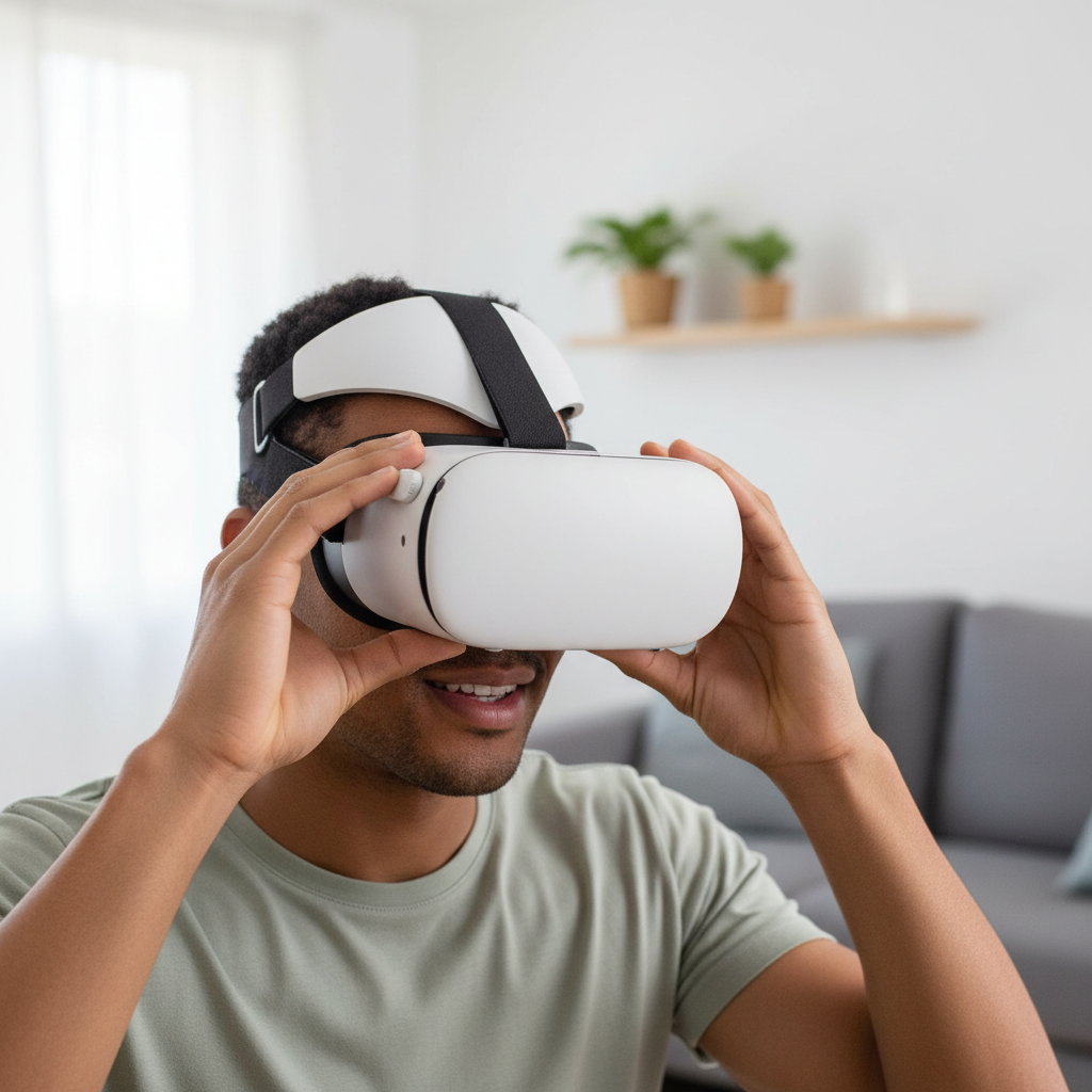 Beginner adjusting VR headset fit and comfort strap for clear vision and reduced pressure