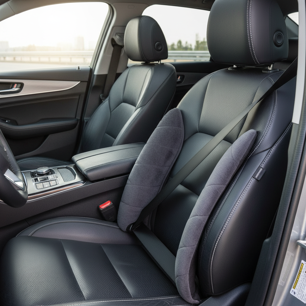 Seat belt pad cover positioned on shoulder belt in a modern car interior