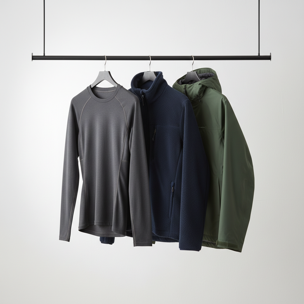Winter clothing layering system with base layer, mid layer, and shell on a hanger
