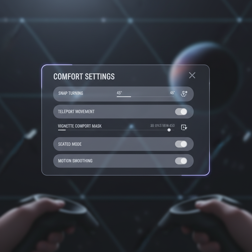 VR comfort settings menu showing snap turn, vignette, and seated mode