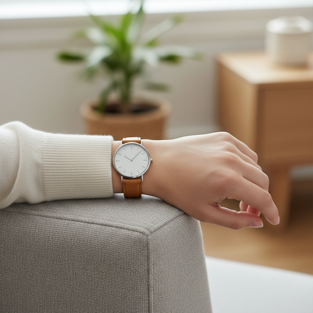 Minimalist women’s watch on wrist with clean dial and slim case