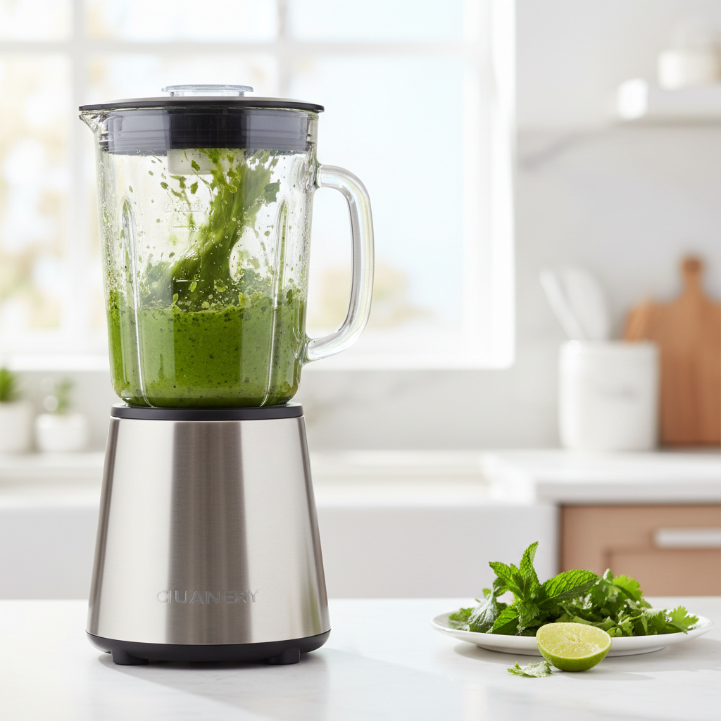 Blender jar with bright green mint cilantro chutney being blended to a smooth texture