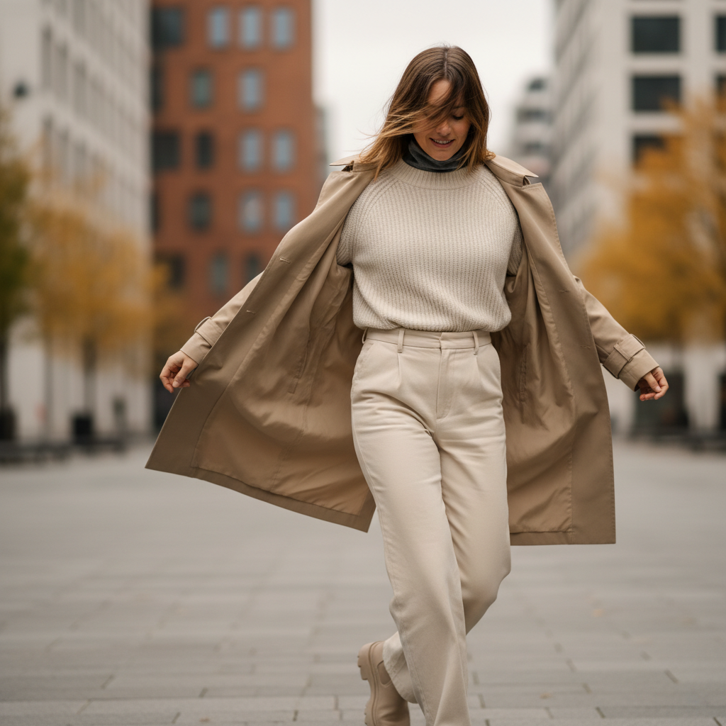 Woman removing a light jacket indoors to show easy fall layering system
