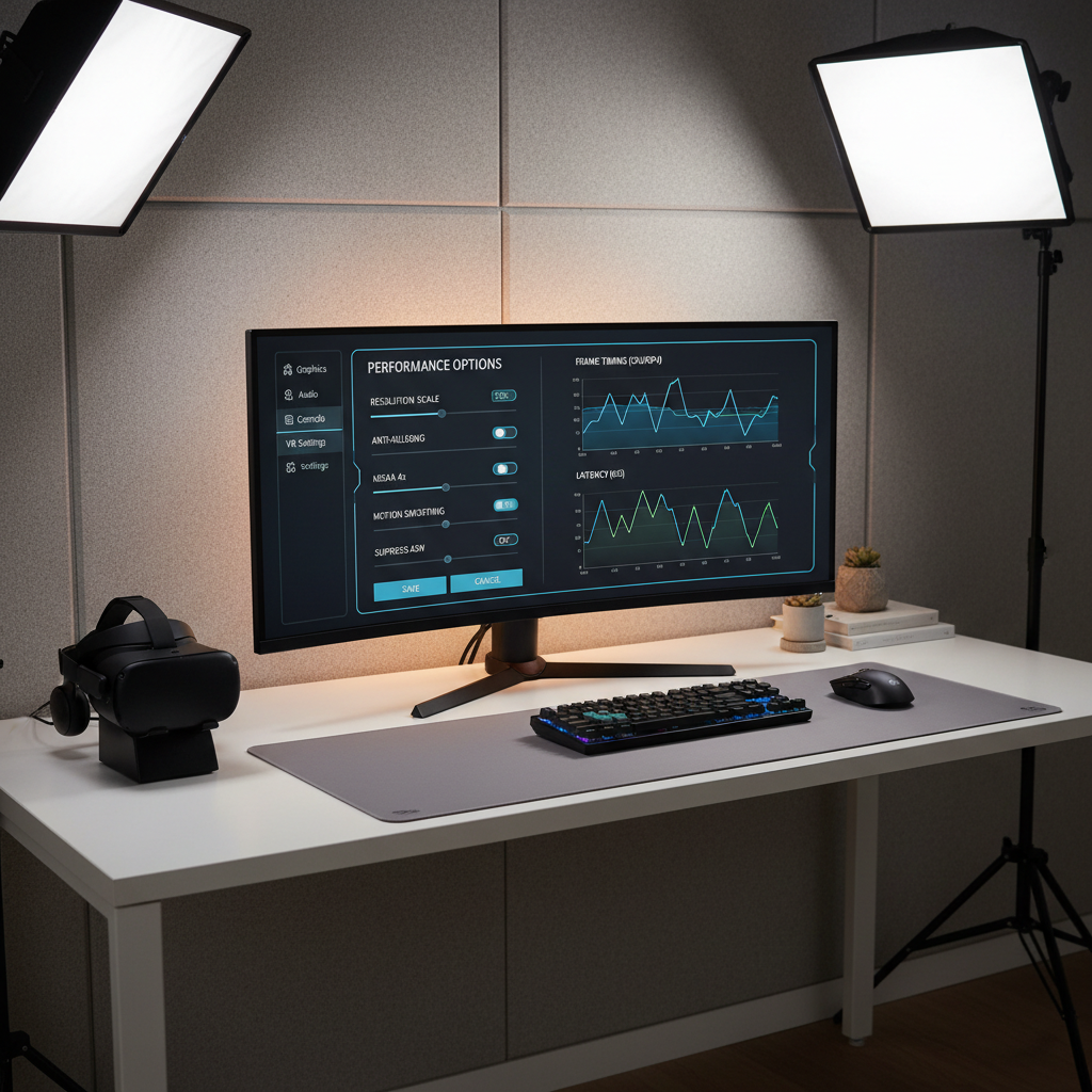 VR performance settings menu for a train simulator