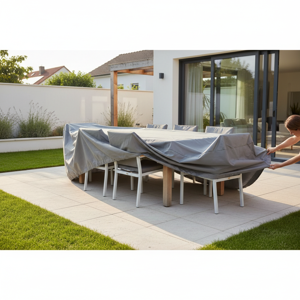 Outdoor furniture covered with protective cover after cleaning