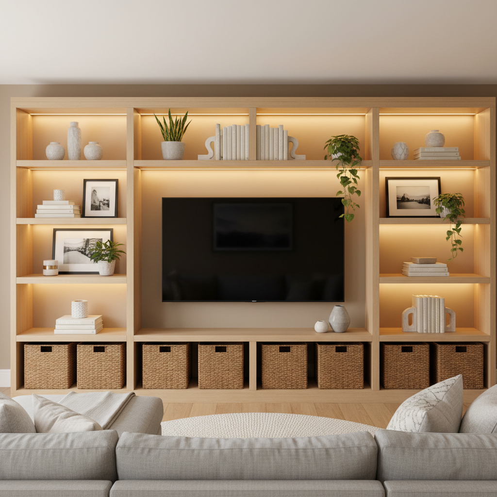 Living room built-in shelves styled around a TV with calm neutral decor